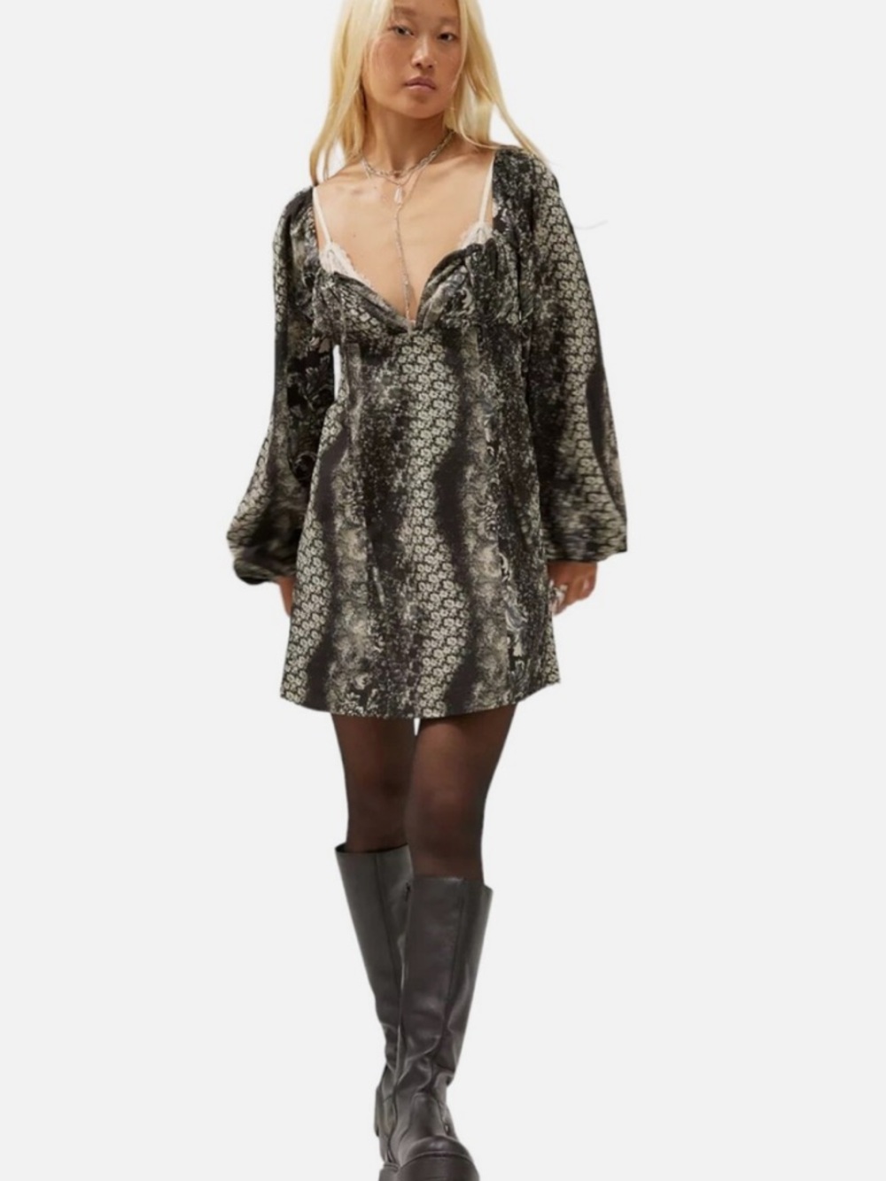 UO Black Vivienne Printed Long Sleeve Mini Dress